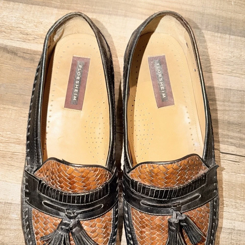 Florsheim Woven Leather Tassel Loafers Mens 12 D Black Brown Dress Shoes Moc Toe